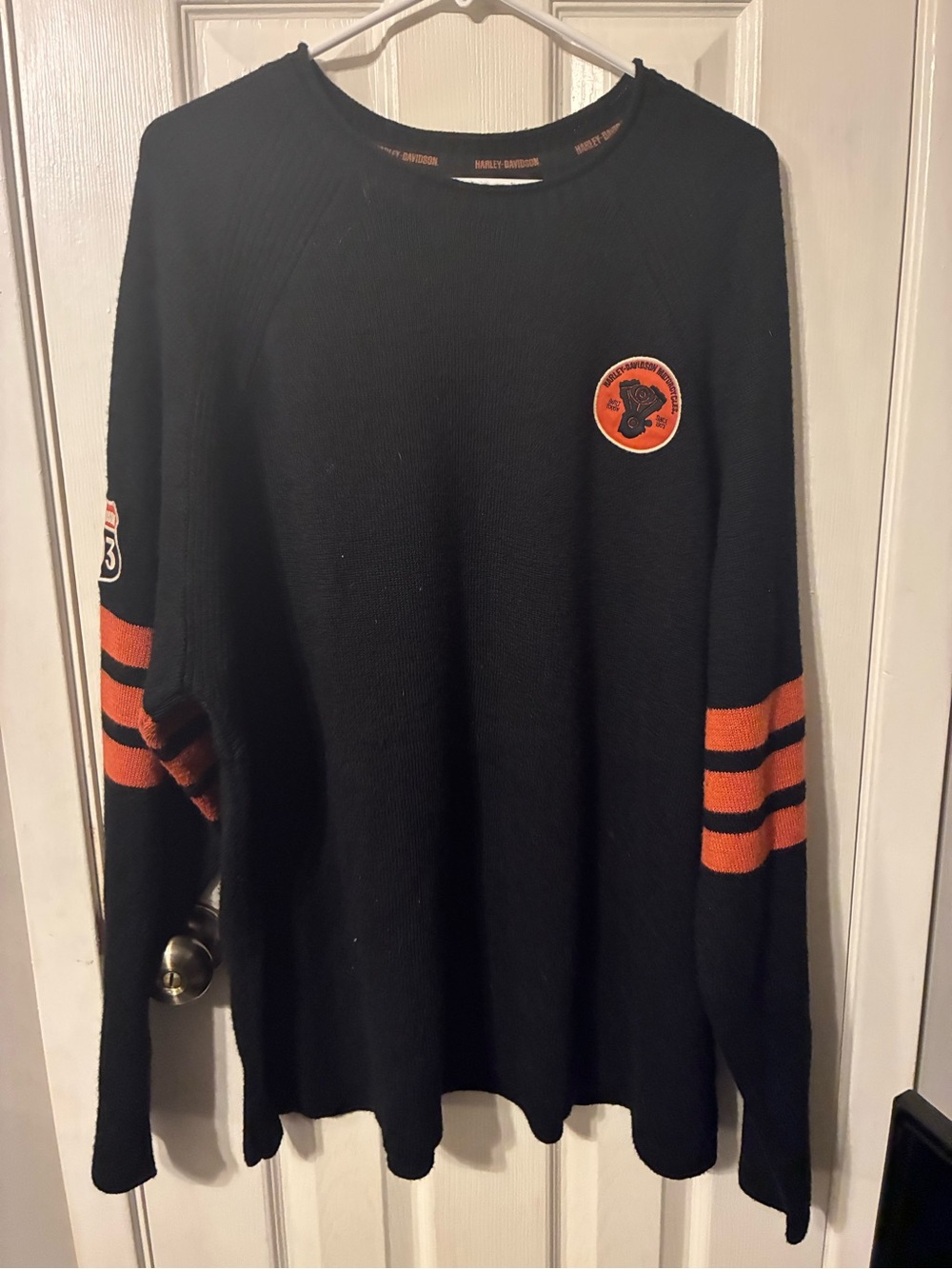 Harley-Davidson Vintage  Black Crewneck Sweater with Orange Stripe Details